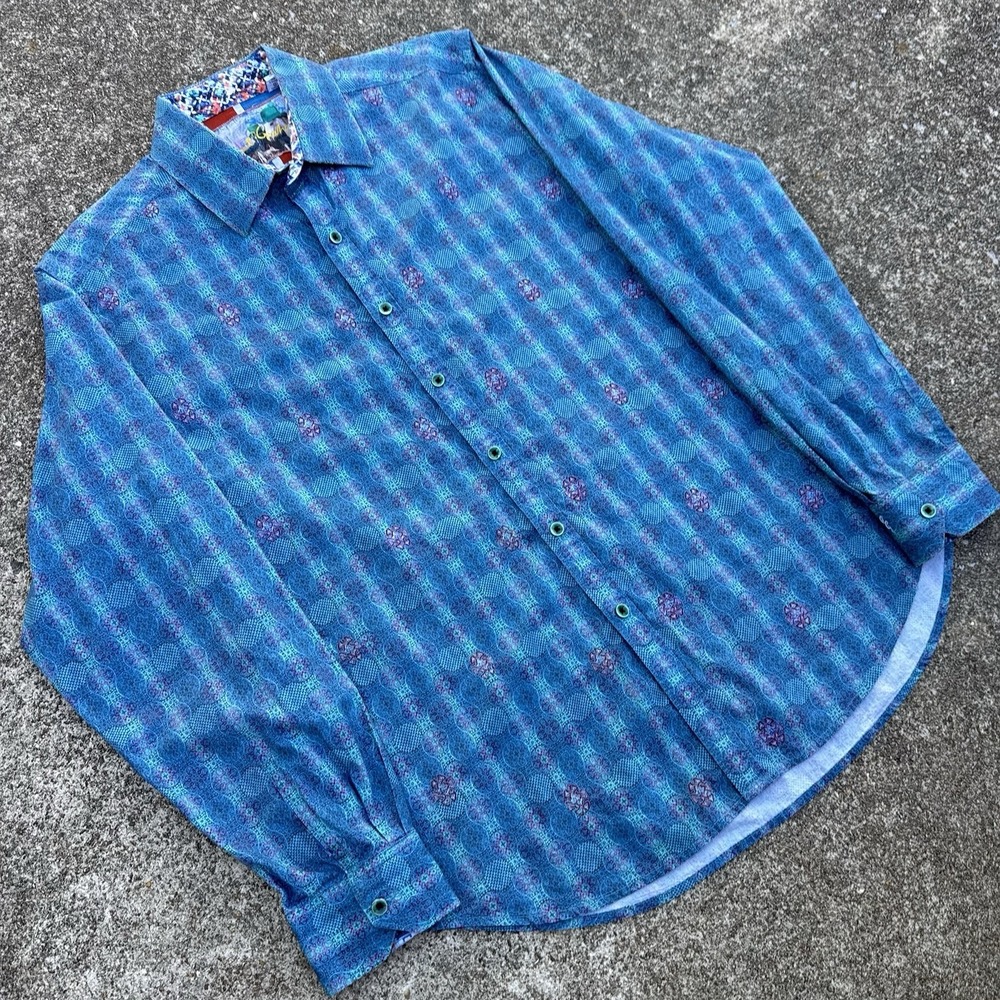 Robert Graham Classic Fit TEMPLE BAR Teal Embroidered Casual Shirt Mens Large d1
